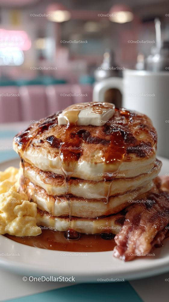 Stack of Fluffy Pancakes with Syrup and Bacon for Breakfast or Brunch