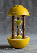 Creative hourglass inside sliced lemon with yellow sand