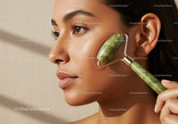 Close-Up of Asian Woman Receiving Facial Massage with Jade Roller