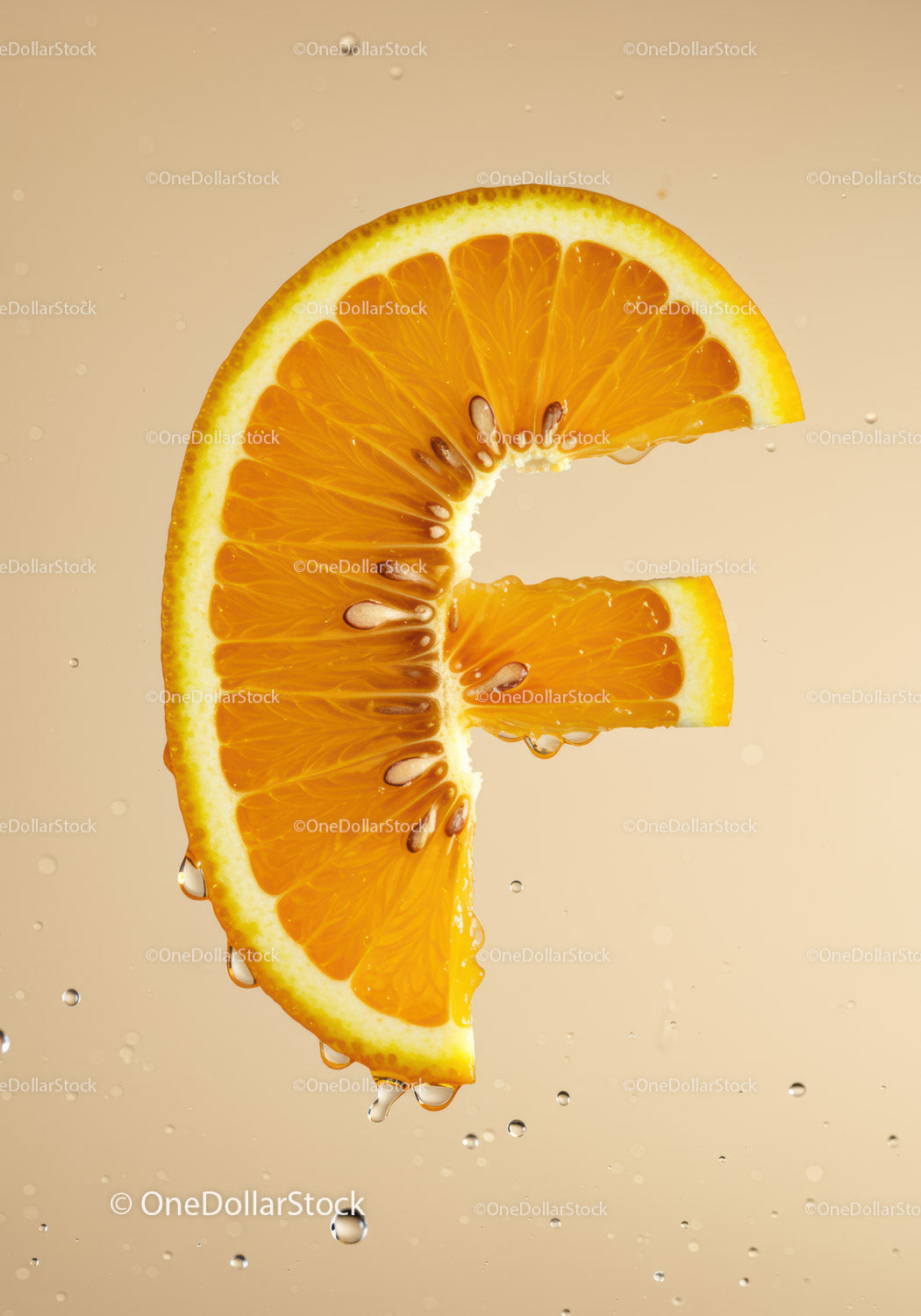 Refreshing orange slice with droplets on beige background
