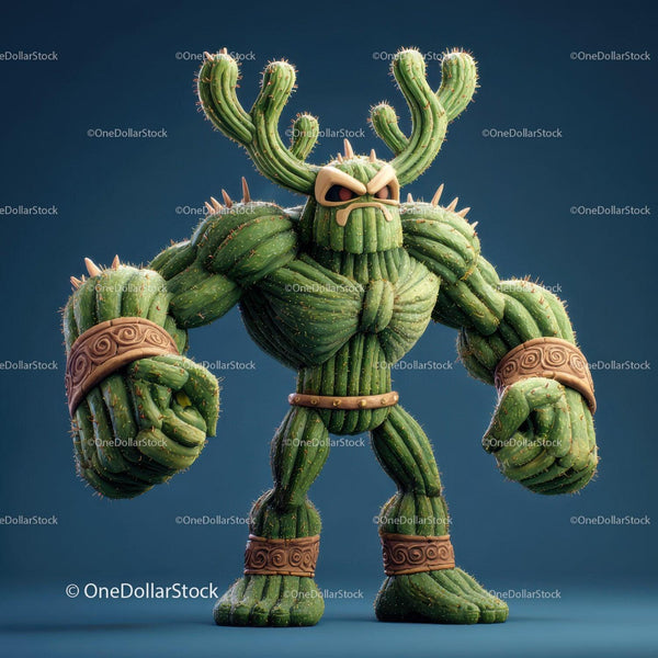 Muscular Cactus Creature With Armored Wristbands