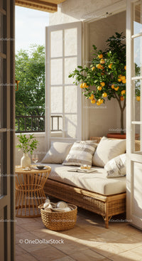 Cozy sunlit corner with citrus tree and comfortable seating