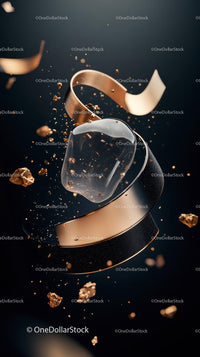 Elegant Floating Metallic Ribbons and Glass Cube with Gold Flakes
