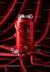Chilled Red Soda Can with Ice on Velvet Fabric