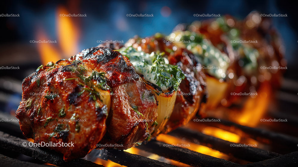 Juicy Grilled Meat Skewers with Charred Edges on Open Flame