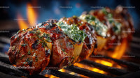 Juicy Grilled Meat Skewers with Charred Edges on Open Flame
