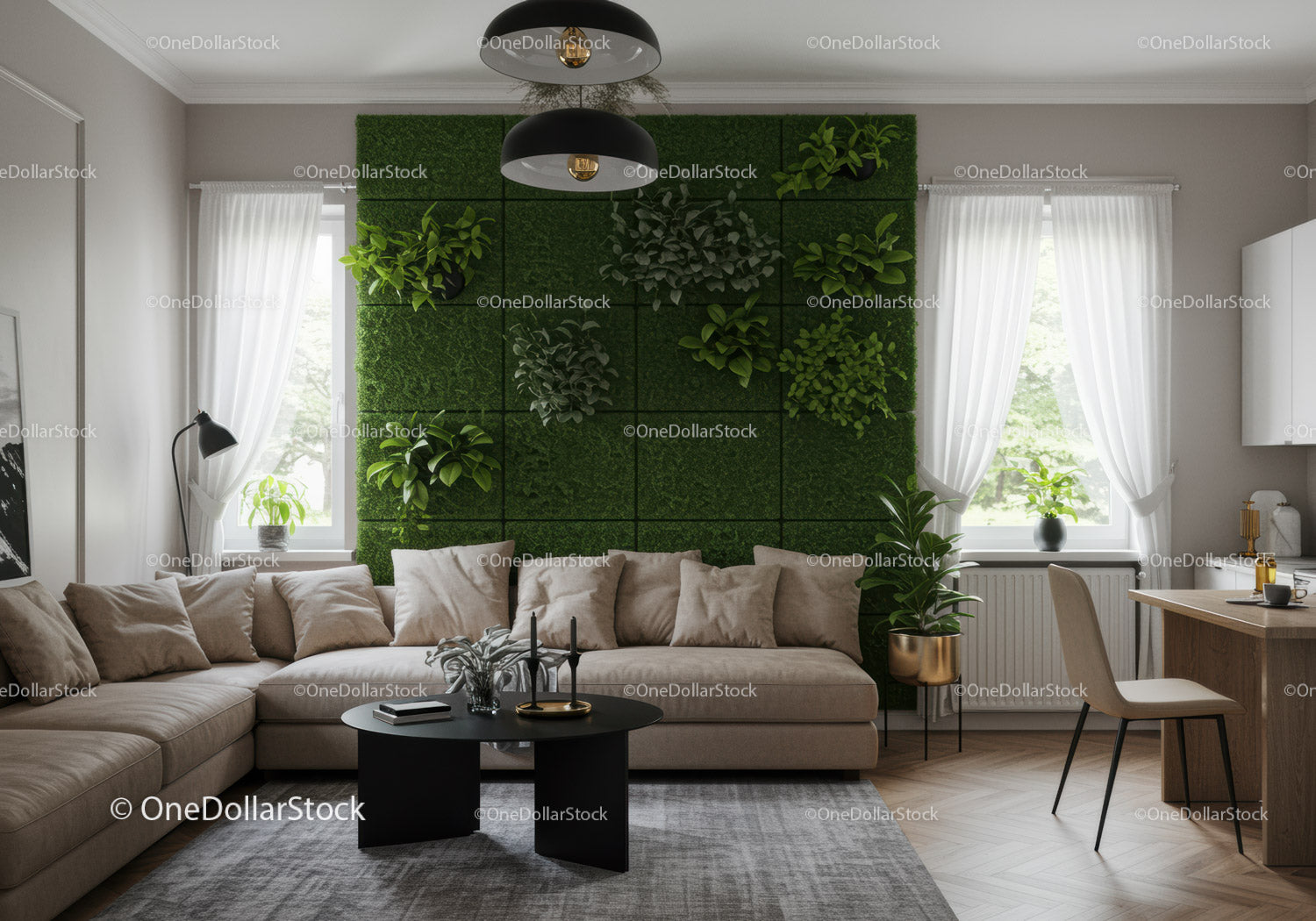 Nowoczesny salon z zieloną ścianą i wygodną beżową sofą