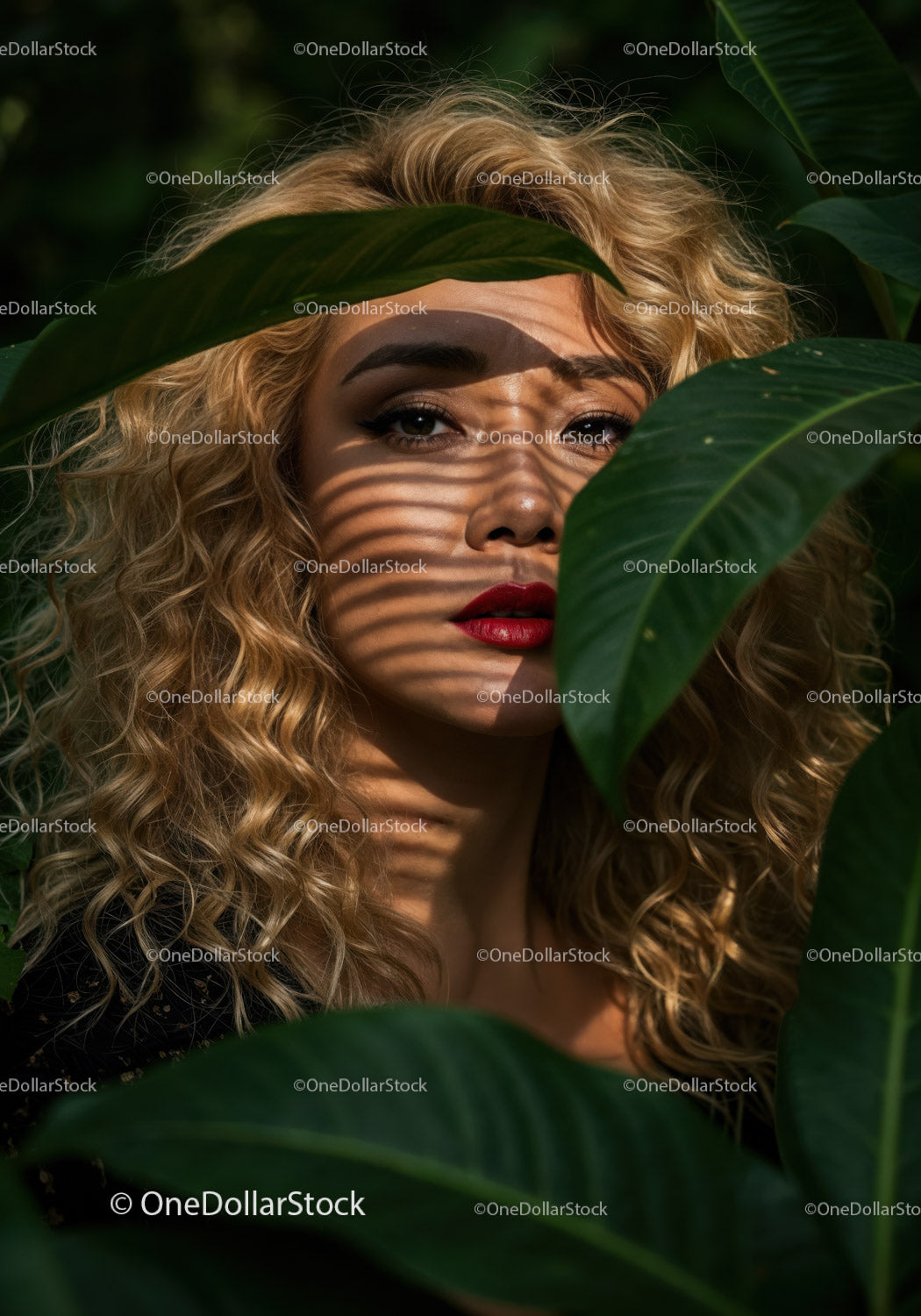 Glamorous Woman with Curly Blonde Hair Among Tropical Leaves