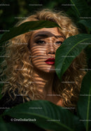 Glamorous Woman with Curly Blonde Hair Among Tropical Leaves