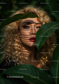Glamorous Woman with Curly Blonde Hair Among Tropical Leaves