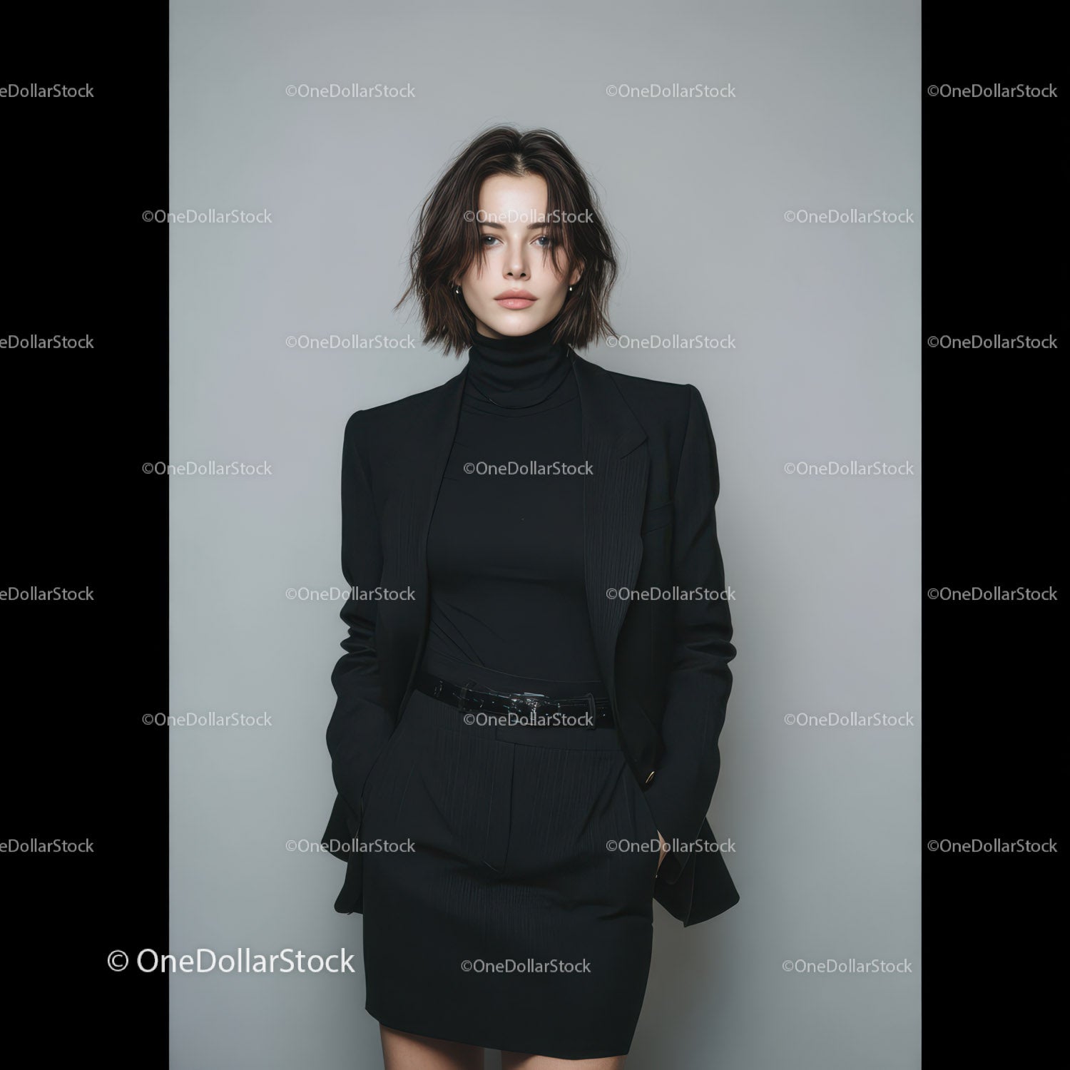 Elegant Woman in Black Blazer and Skirt for Professional Fashion
