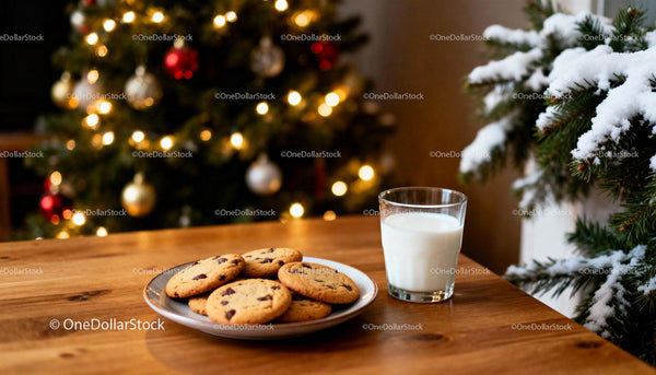 Chocolate Chip Cookies and Milk by Festive Christmas Tree