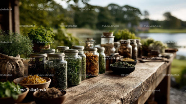 Herbal Jars and Dried Herbs Displayed on Rustic Outdoor Counter