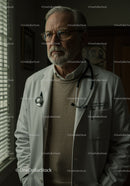 Senior Male Doctor in White Coat with Stethoscope in Medical Office