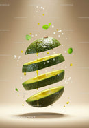 Fresh avocado slices suspended with oil and herbs