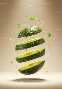 Fresh avocado slices suspended with oil and herbs
