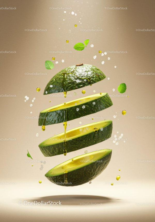 Fresh avocado slices suspended with oil and herbs
