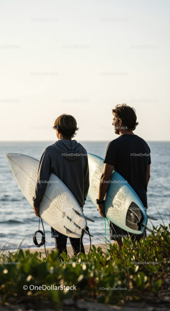 Young Men with Surfboards by the Sea at Sunset