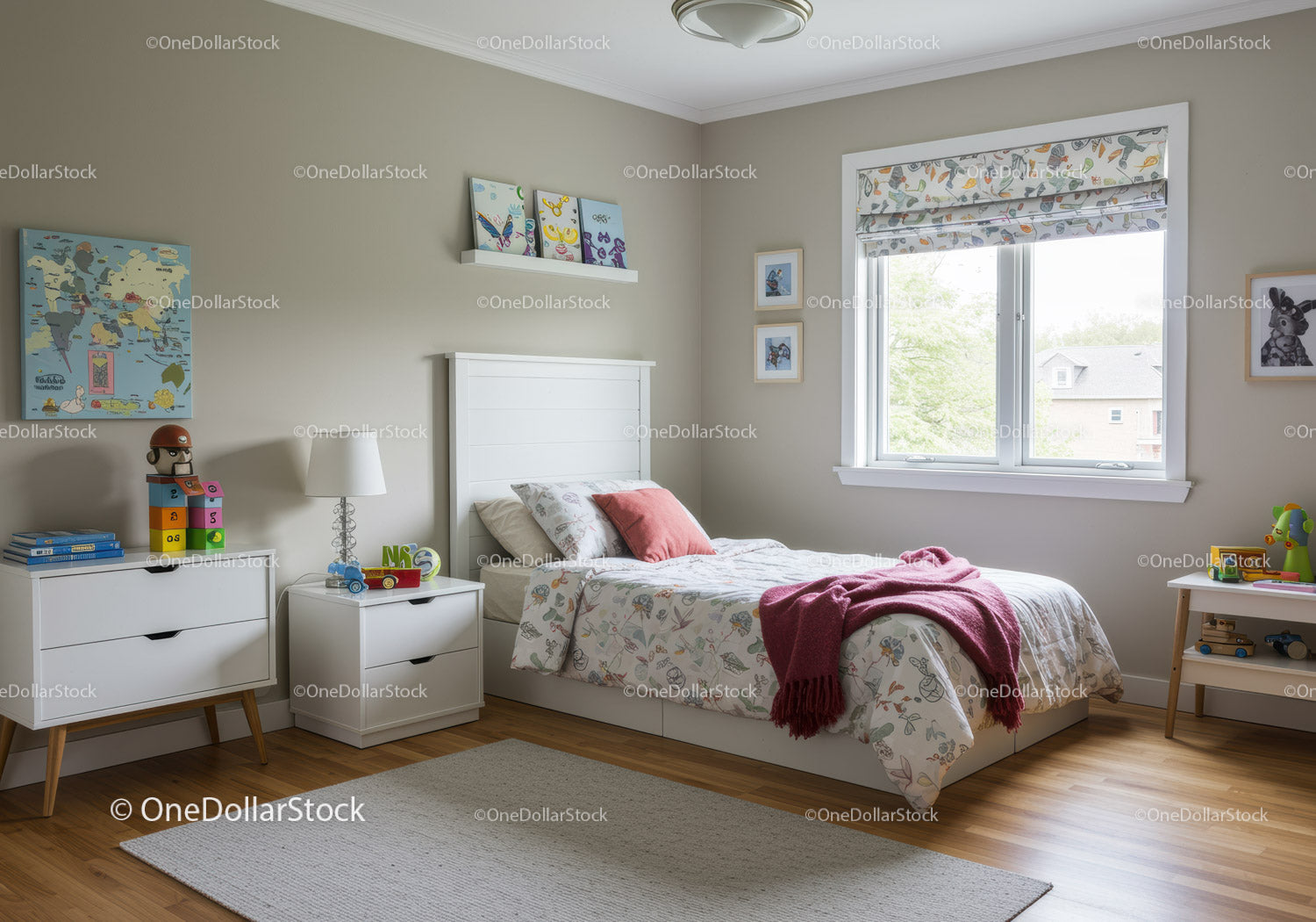 Bright Children's Bedroom with Floral Bedding and Wooden Floor