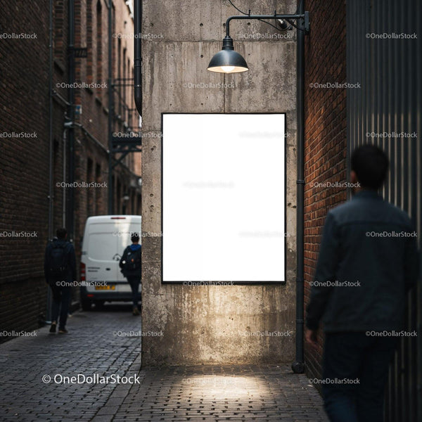 Urban Alley with Illuminated Blank Billboard at Night JPG Mockup Image