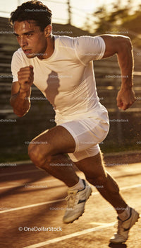 Focused male athlete sprinting intensely on outdoor track