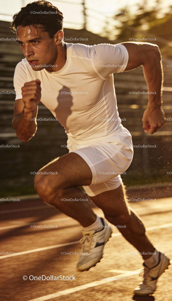 Focused male athlete sprinting intensely on outdoor track
