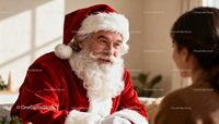 Smiling Santa Claus Talking to Woman Indoors