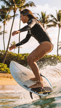 Young woman surfing close to tropical shore at sunset