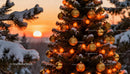 Snowy Christmas tree with golden ornaments at sunset