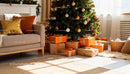 Cozy Living Room with Christmas Tree and Wrapped Gifts