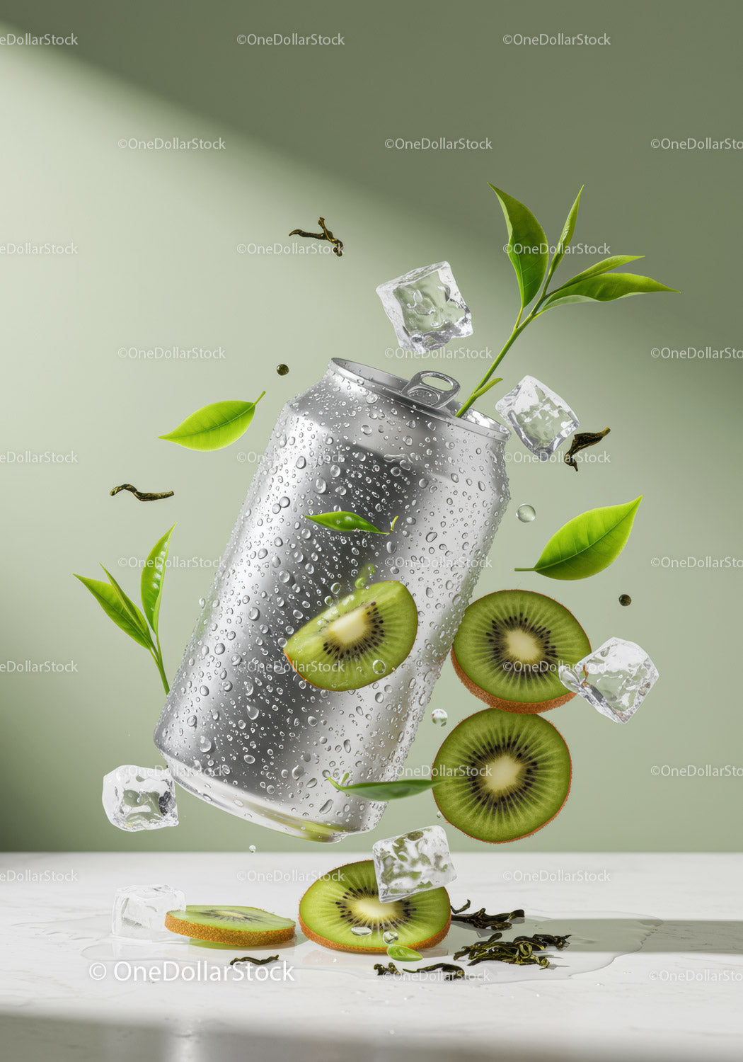 Refreshing kiwi and tea beverage can with ice cubes