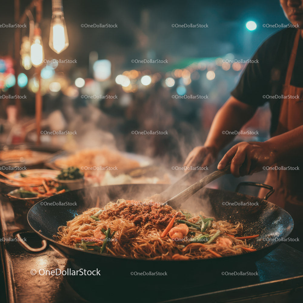Chef Cooking Delicious Stir-Fried Noodles at Night Market