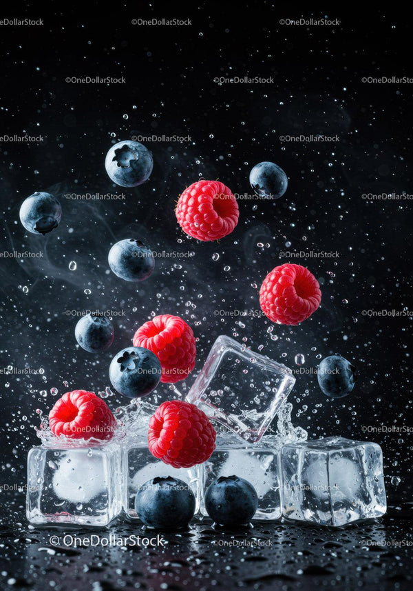 Fresh raspberries and blueberries with ice cubes splash