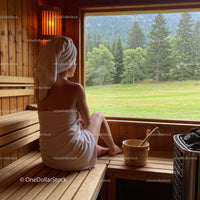 Woman Relaxing in Wooden Sauna with Forest View and Green Landscape