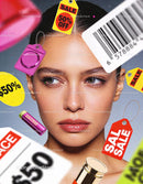 Thoughtful Woman Surrounded by Vibrant Sale Tags