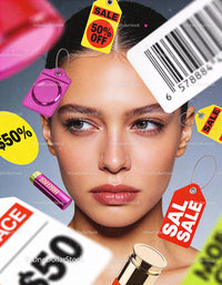 Thoughtful Woman Surrounded by Vibrant Sale Tags