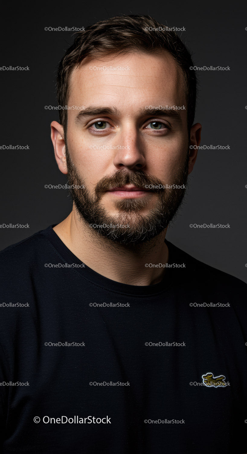 Portret zamyślonego mężczyzny z brodą na ciemnym tle