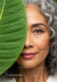 Elegant Mature Woman with Gray Hair Behind Green Leaf Water Droplets