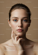 Portrait of a Young Woman with Clear Skin and Bright Blue Eyes