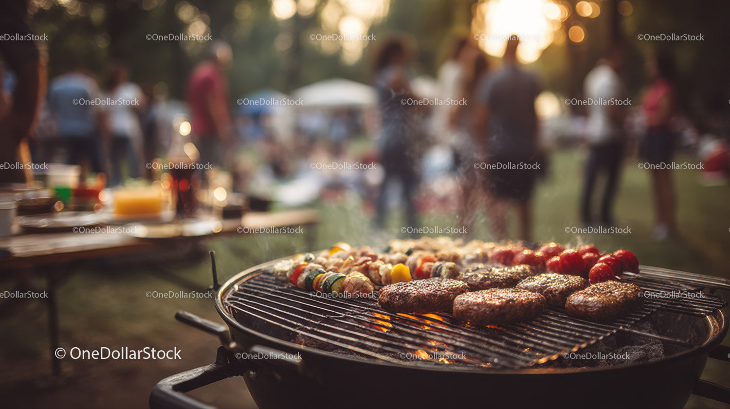 Outdoor Barbecue Grill with Meat Skewers and Smoky Atmosphere