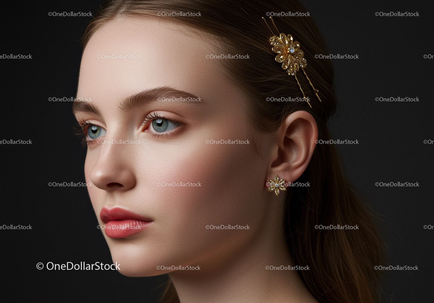 Elegant Woman with Gold Floral Jewelry and Hair Accessories