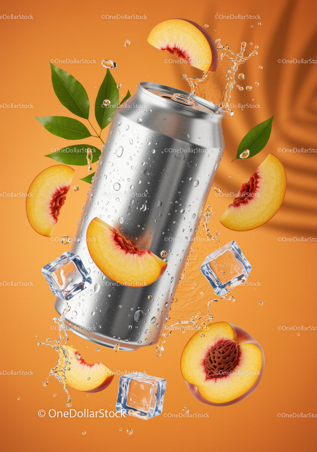 Refreshing soda can with peach slices and ice cubes