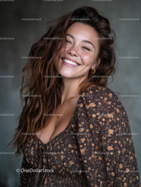 Bright Smiling Woman with Wavy Hair Wearing Floral Dress