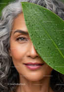 Vibrant Woman with Water Droplets on Green Leaf in Natural Setting