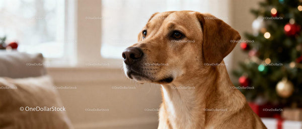 Spokojny labrador retriever siedzący przy choince