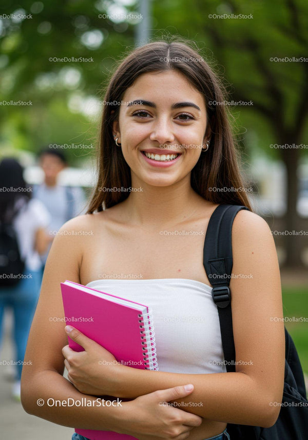 Young Woman Smiling Holding Pink Notebook in Park on Summer Day