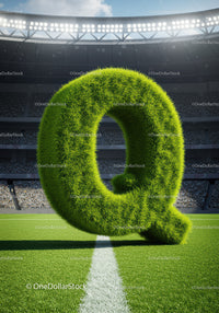 Large Grass Letter Q on Football Field with Stadium Lights