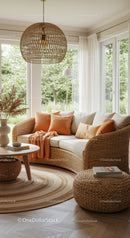 Cozy rattan sofa with warm cushions in bright living room
