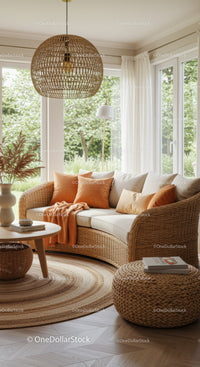 Cozy rattan sofa with warm cushions in bright living room
