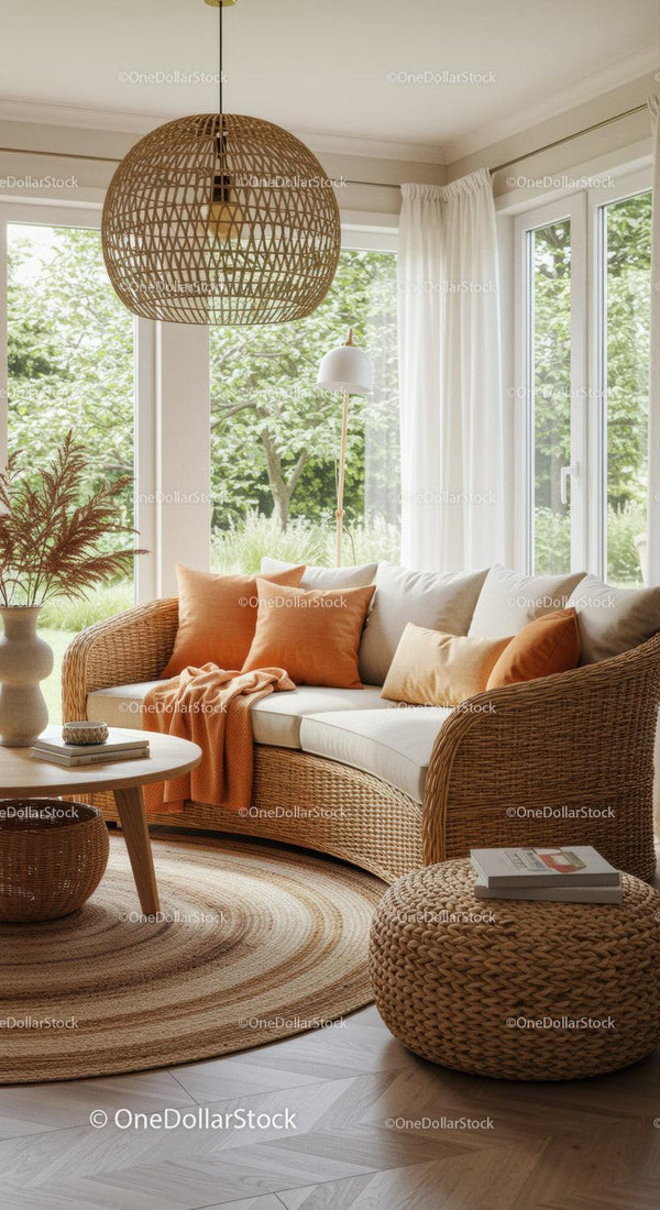Cozy rattan sofa with warm cushions in bright living room